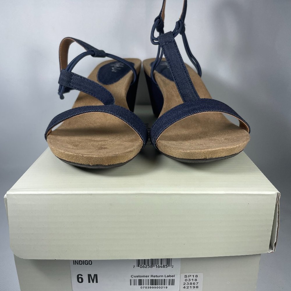 Style & Co. Mulan Wedge Heel Stretch Ankle T-Strap Sandals Indigo Denim Size 6